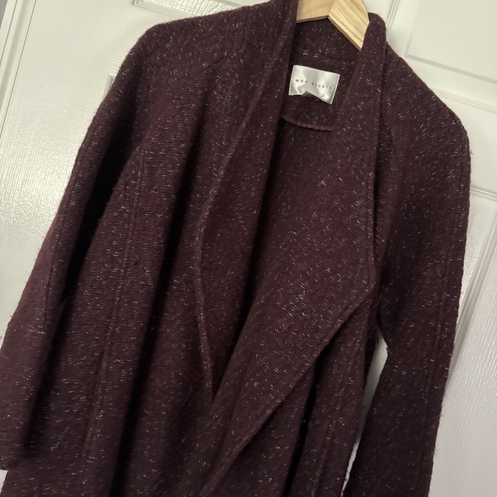 Max Studio Sweater Women Collar Cardigan Coat Pockets Wool Blend Burgundy Medium